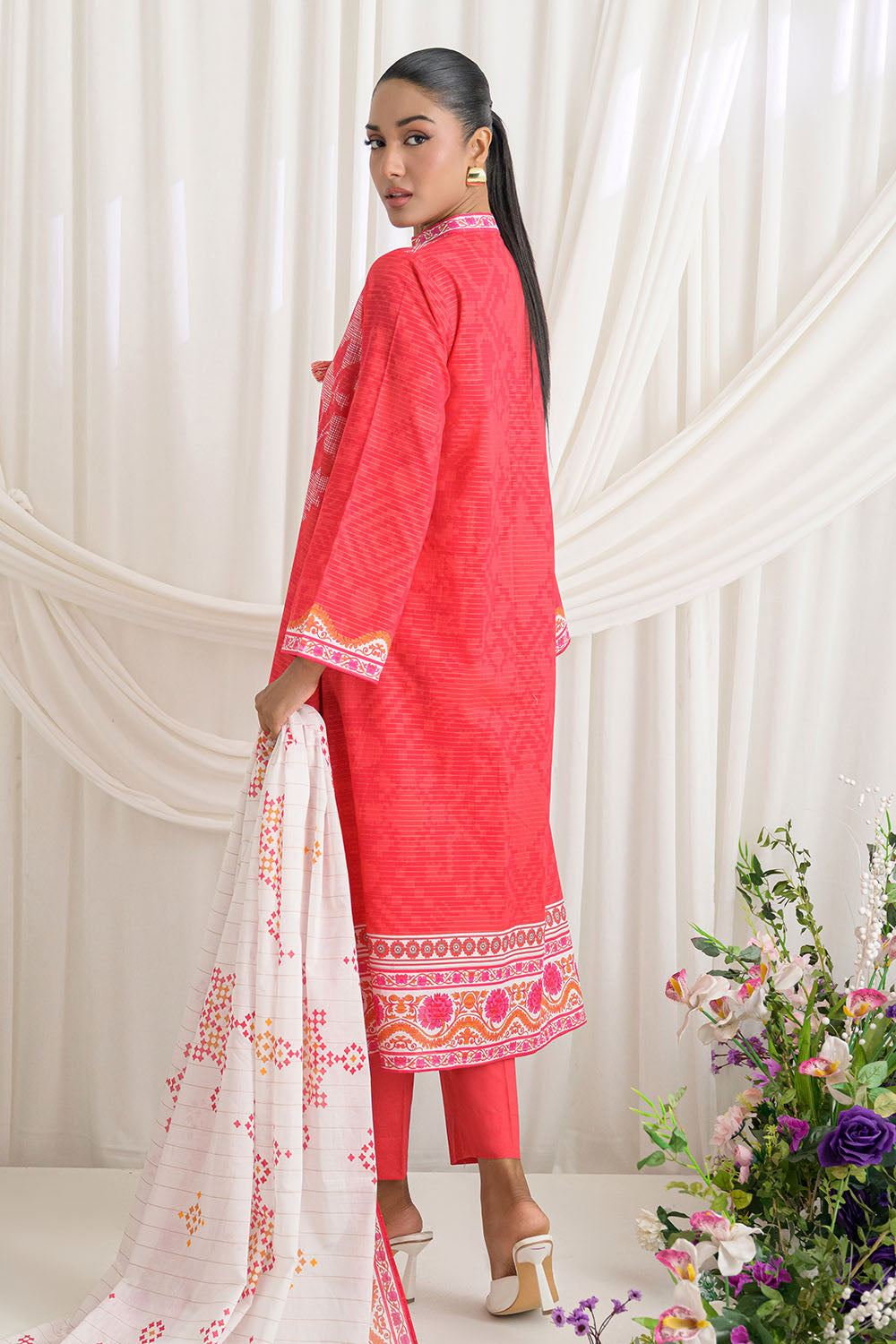 3 Piece Printed Mehsuri Stripe Lawn Suit with Printed Mehsuri Stripe Lawn Dupatta and Dyed Trouser GS-62002