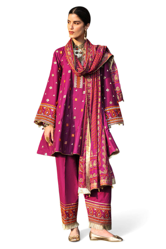 3 Piece Embroidered Lawn Suit with Gold and Lacquer Printed Chiffon Dupatta and Dyed Trouser BM-62027