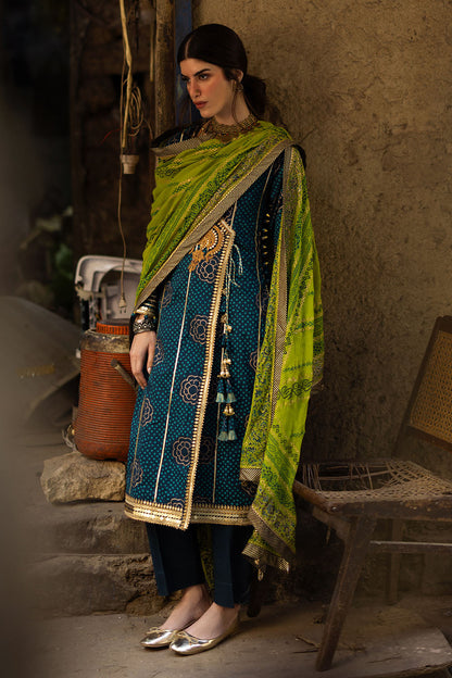 3 Piece Gold and Lacquer Printed Lawn Suit with Gold and Lacquer Printed Chiffon Dupatta and Dyed Trouser BM-62025