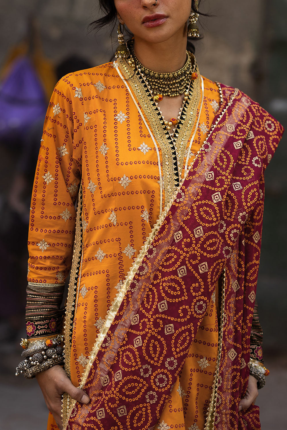 3 Piece Embroidered Gold and Lacquer Printed Lawn Suit with Gold and Lacquer Printed Chiffon Dupatta and Dyed Trouser BM-62029