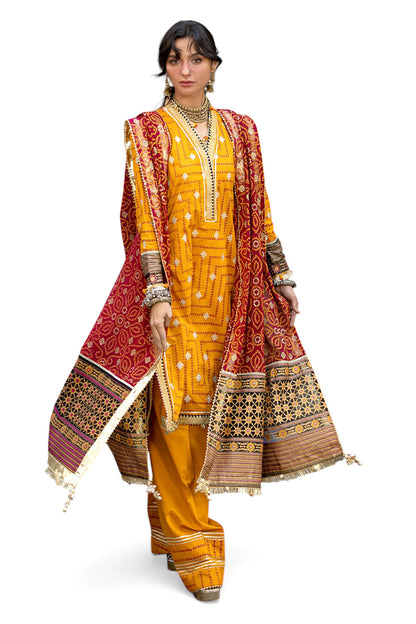 3 Piece Embroidered Gold and Lacquer Printed Lawn Suit with Gold and Lacquer Printed Chiffon Dupatta and Dyed Trouser BM-62029