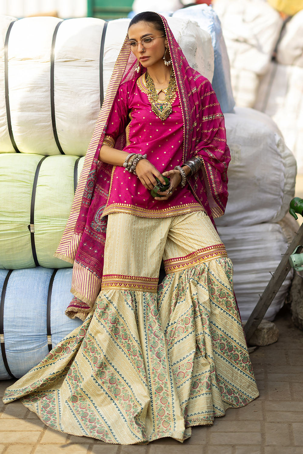 3 Piece Gold and Lacquer Printed Lawn Gharara Suit with Gold and Lacquer Printed Chiffon Dupatta and Embroidered Lace SP-62012