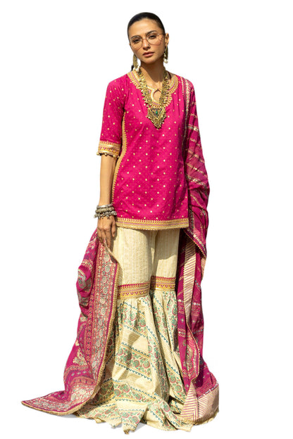 3 Piece Gold and Lacquer Printed Lawn Gharara Suit with Gold and Lacquer Printed Chiffon Dupatta and Embroidered Lace SP-62012
