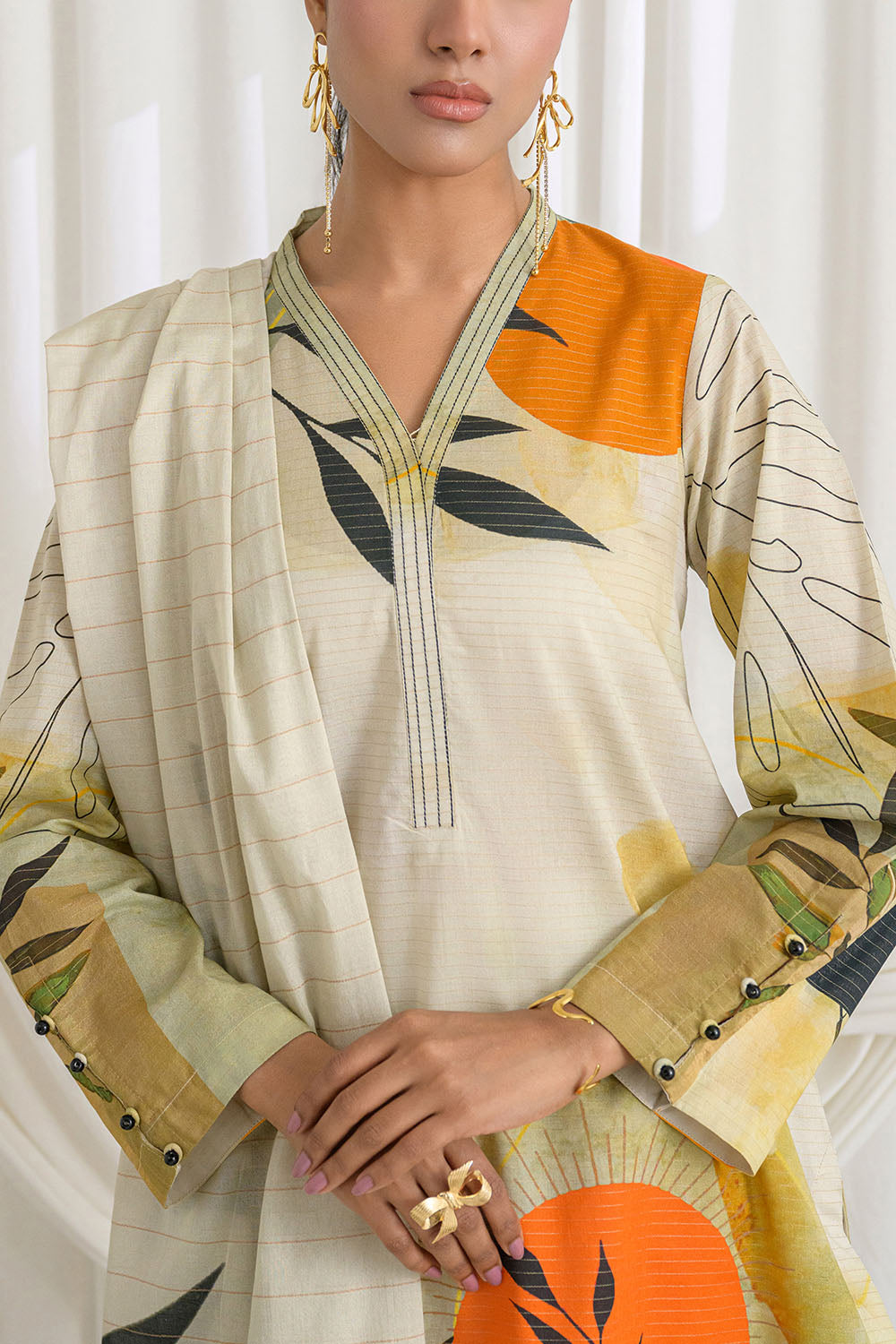 3 Piece Printed Mehsuri Stripe Lawn Suit with Printed Mehsuri Stripe Lawn Dupatta and Dyed Trouser GS-62001