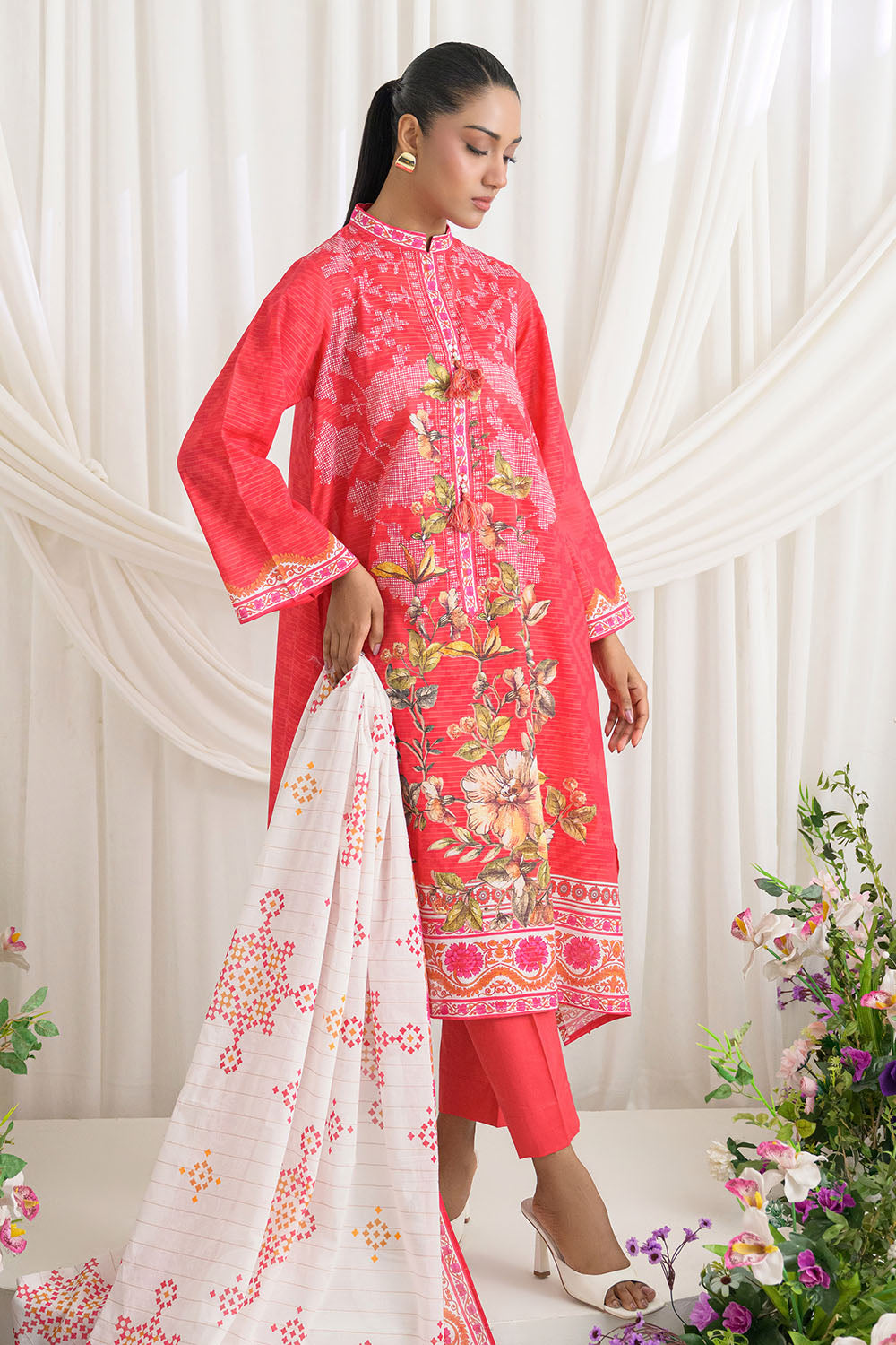 3 Piece Printed Mehsuri Stripe Lawn Suit with Printed Mehsuri Stripe Lawn Dupatta and Dyed Trouser GS-62002