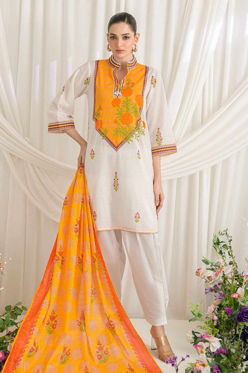 3 Piece Printed Mehsuri Stripe Lawn Suit with Printed Mehsuri Stripe Lawn Dupatta and Dyed Trouser GS-62003