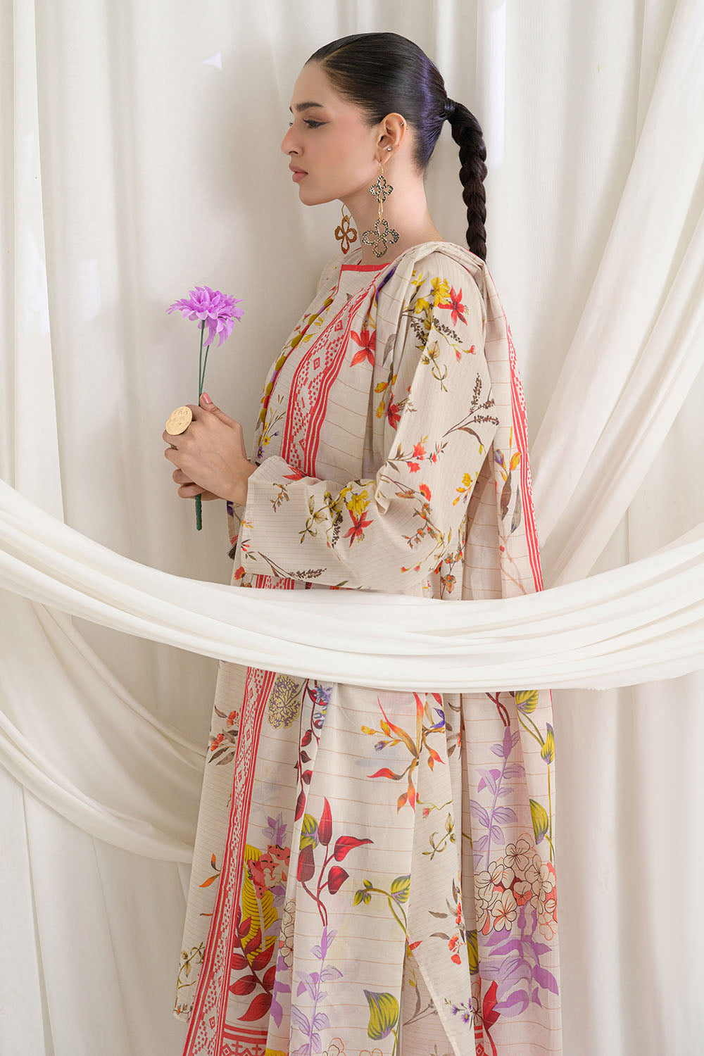3 Piece Printed Mehsuri Stripe Lawn Suit with Printed Mehsuri Stripe Lawn Dupatta and Dyed Trouser GS-62004