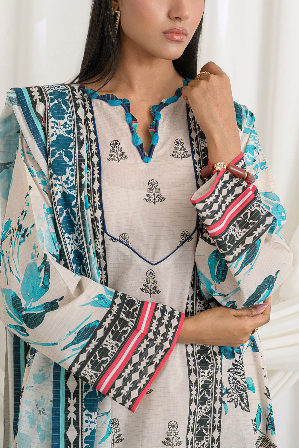 3 Piece Printed Mehsuri Stripe Lawn Suit with Printed Mehsuri Stripe Lawn Dupatta and Dyed Trouser GS-62005