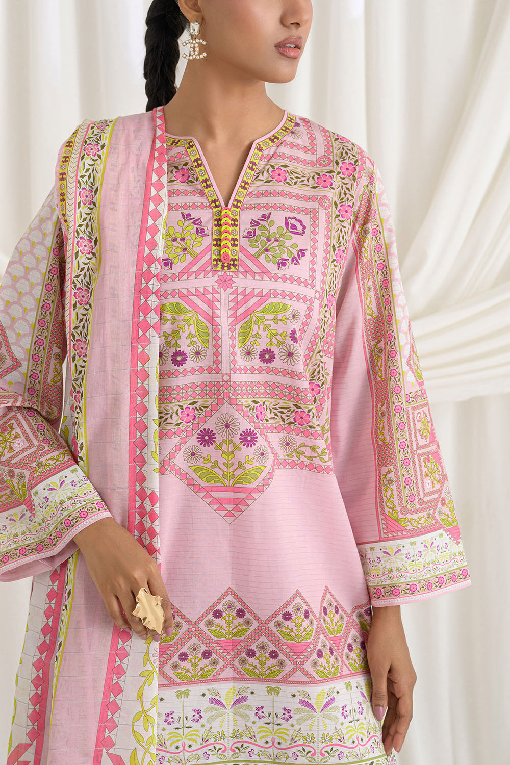 3 Piece Printed Mehsuri Stripe Lawn Suit with Printed Mehsuri Stripe Lawn Dupatta and Dyed Trouser GS-62007