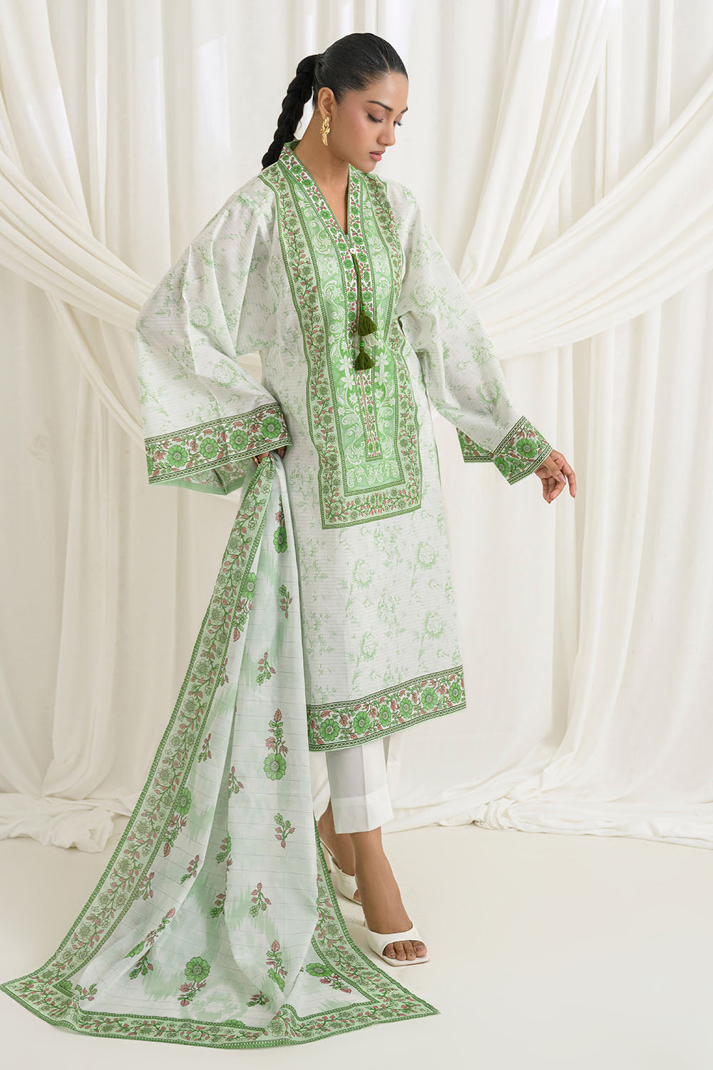 3 Piece Printed Mehsuri Stripe Lawn Suit with Printed Mehsuri Stripe Lawn Dupatta and Dyed Trouser GS-62008